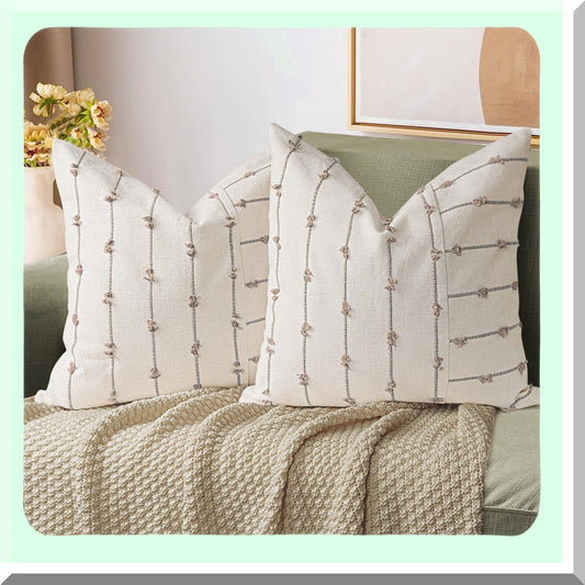 Boho Farmhouse Linen Throw Pillow Covers - Set of 2 Tufted Stitch Stripe Cushion Cover for Bed Sofa Couch - Modern Textured Decorative Pillow Case in Khaki - 18x18 inches