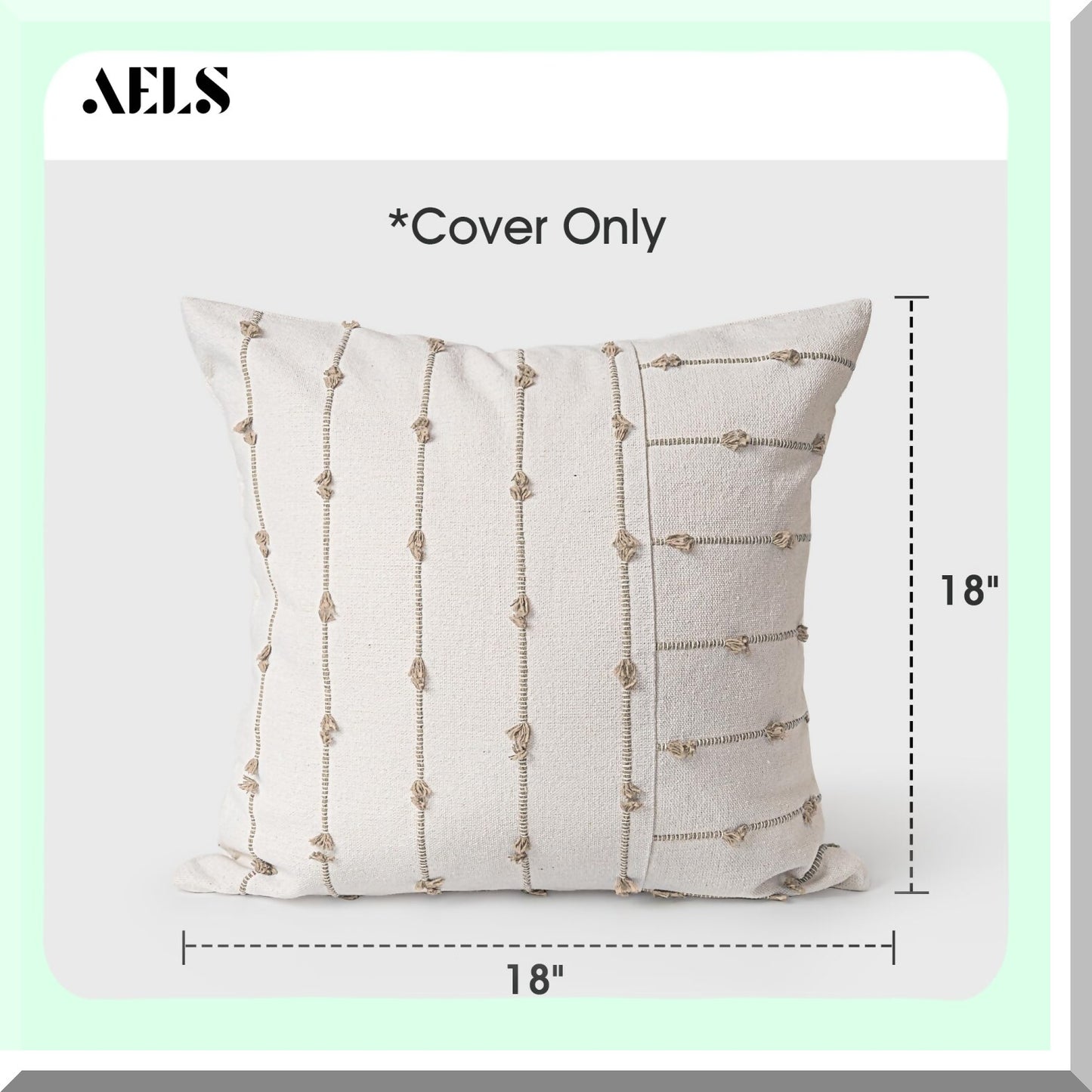 Boho Farmhouse Linen Throw Pillow Covers - Set of 2 Tufted Stitch Stripe Cushion Cover for Bed Sofa Couch - Modern Textured Decorative Pillow Case in Khaki - 18x18 inches