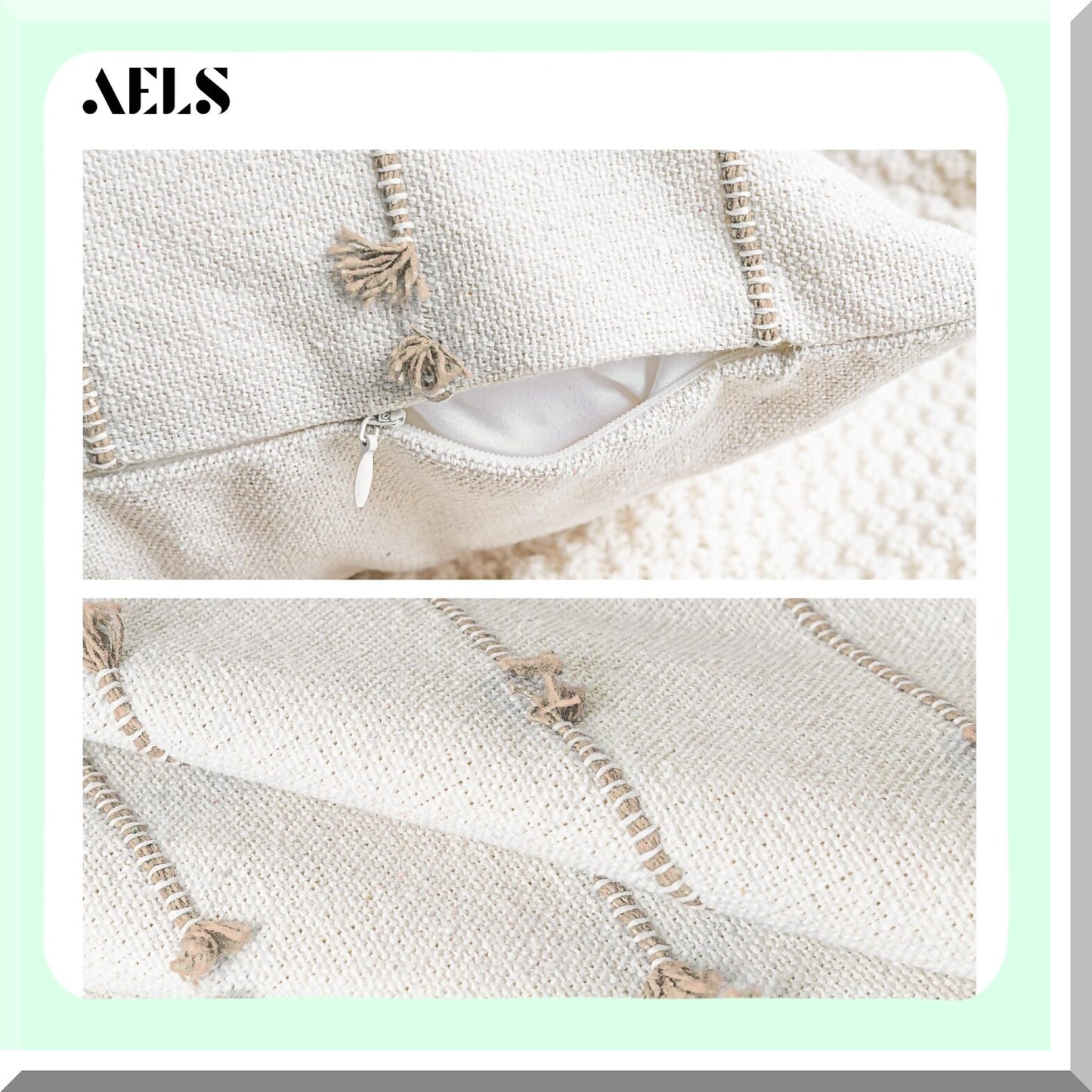 Boho Farmhouse Linen Throw Pillow Covers - Set of 2 Tufted Stitch Stripe Cushion Cover for Bed Sofa Couch - Modern Textured Decorative Pillow Case in Khaki - 18x18 inches