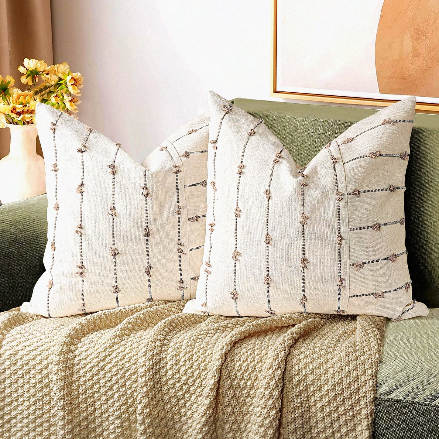 Boho Farmhouse Linen Throw Pillow Covers - Set of 2 Tufted Stitch Stripe Cushion Cover for Bed Sofa Couch - Modern Textured Decorative Pillow Case in Khaki - 18x18 inches