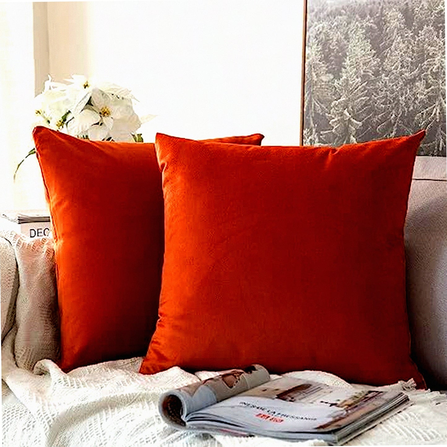 Luxury Velvet Burnt Orange Pillow Covers - Set of 2 | Soft Decorative Cushion Cases for Couch, Sofa, Bedroom | 24x24 Inch Square Throw Pillows