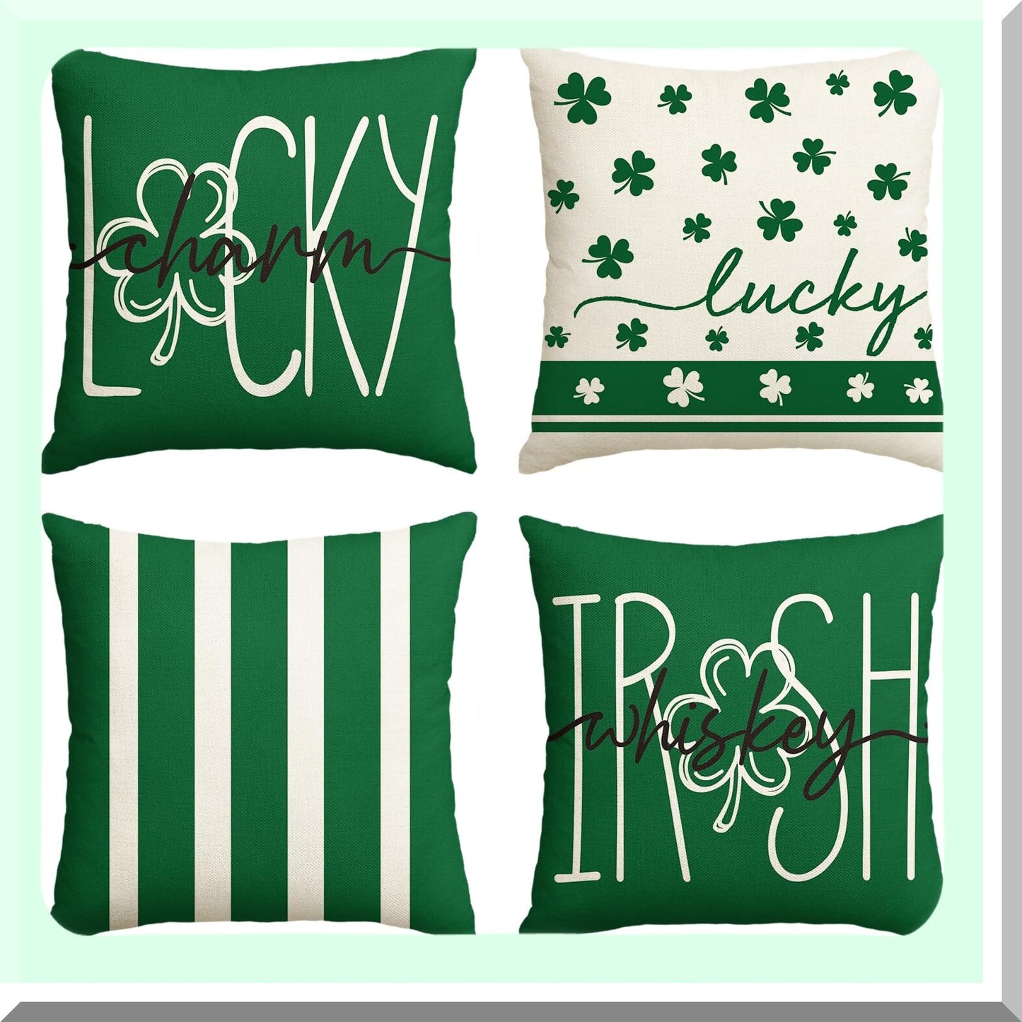 Lucky Charm Clover Stripes Throw Pillow Covers - Set of 4, 18x18 Inch Green Shamrocks Decoration for Sofa Couch - ST Patricks Day Irish Whiskey
