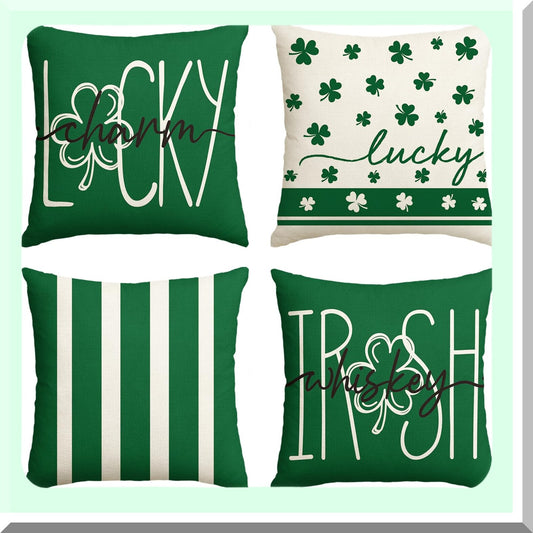 Lucky Charm Clover Stripes Throw Pillow Covers - Set of 4, 18x18 Inch Green Shamrocks Decoration for Sofa Couch - ST Patricks Day Irish Whiskey