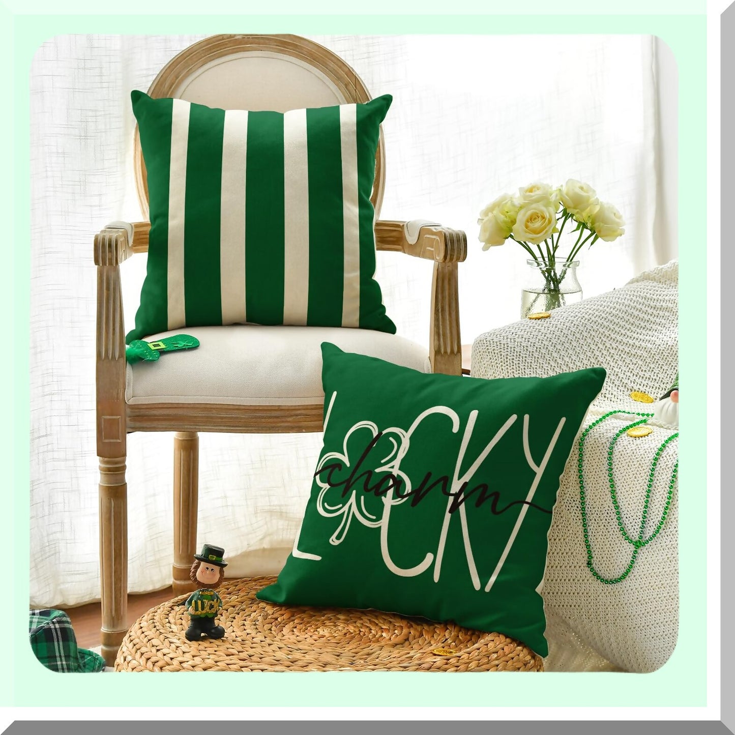 Lucky Charm Clover Stripes Throw Pillow Covers - Set of 4, 18x18 Inch Green Shamrocks Decoration for Sofa Couch - ST Patricks Day Irish Whiskey