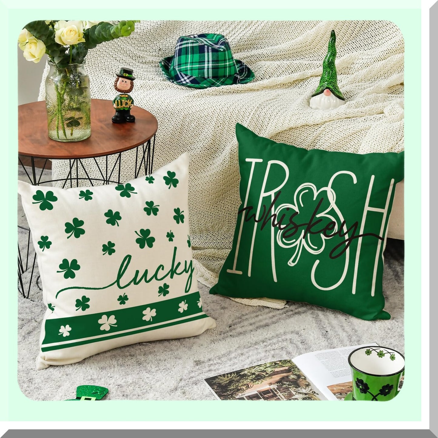 Lucky Charm Clover Stripes Throw Pillow Covers - Set of 4, 18x18 Inch Green Shamrocks Decoration for Sofa Couch - ST Patricks Day Irish Whiskey