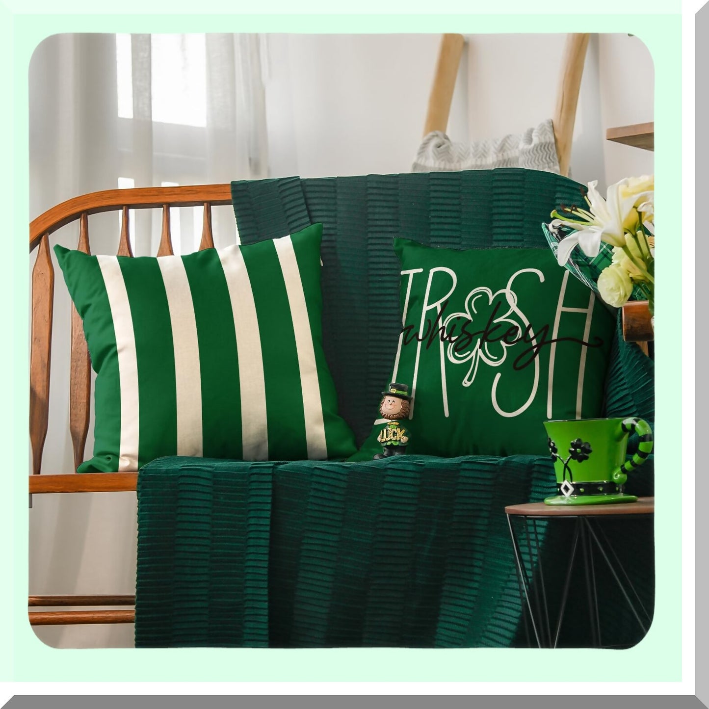 Lucky Charm Clover Stripes Throw Pillow Covers - Set of 4, 18x18 Inch Green Shamrocks Decoration for Sofa Couch - ST Patricks Day Irish Whiskey