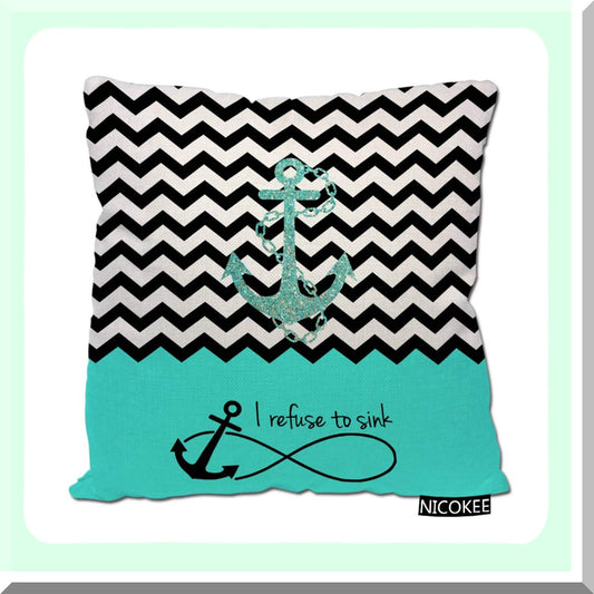 Turquoise Chevron Infinity Anchor Pillow Covers - Zigzag Quotes Throw Cases for Home Decor - Refuse to Sink Couch Sofa Bed 18x18"