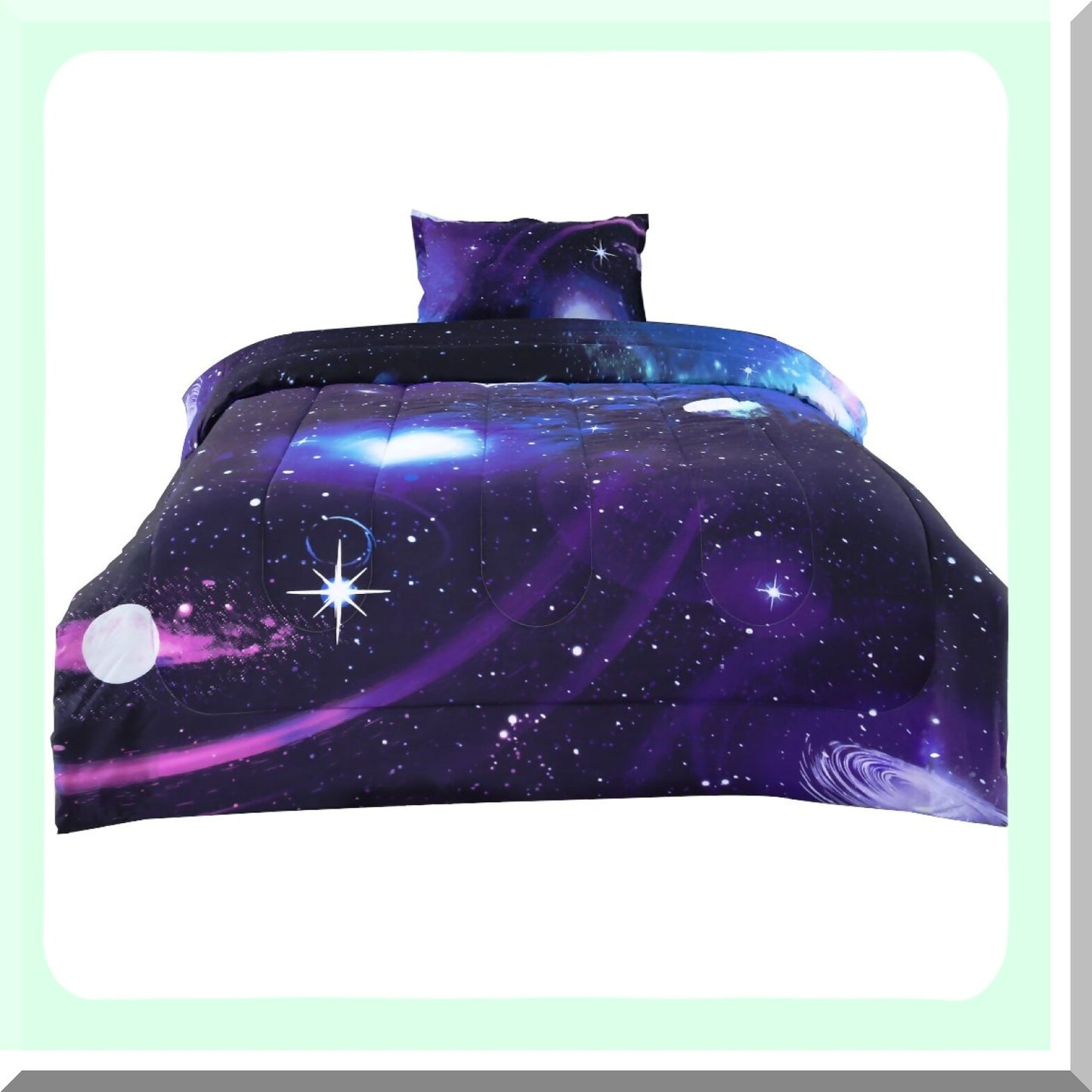 Galactic Dreams Purple Comforter Set - 3D Outer Space Bedding with Down Alternative Quilted Duvet - All Season Reversible Design - Includes Pillowcase