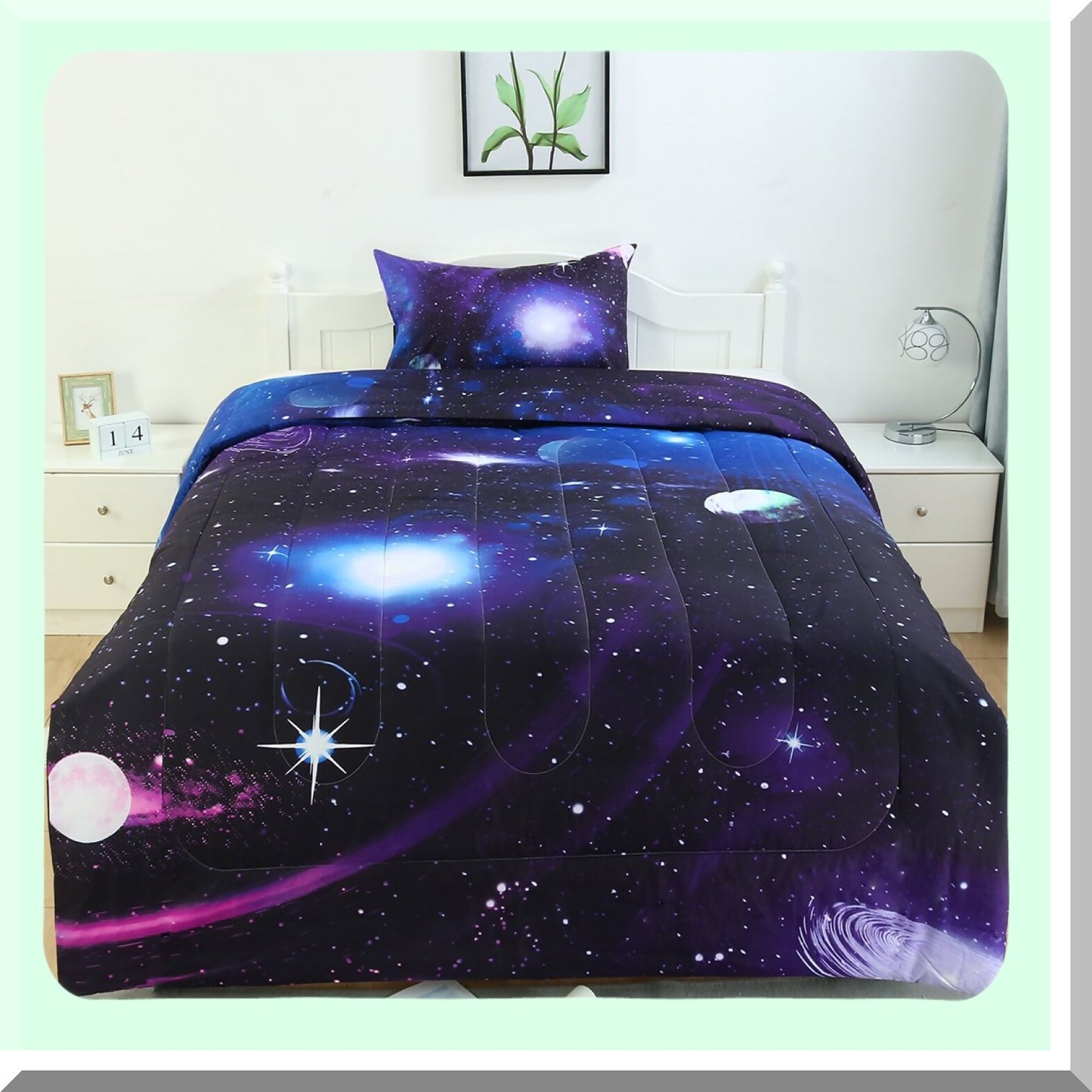 Galactic Dreams Purple Comforter Set - 3D Outer Space Bedding with Down Alternative Quilted Duvet - All Season Reversible Design - Includes Pillowcase