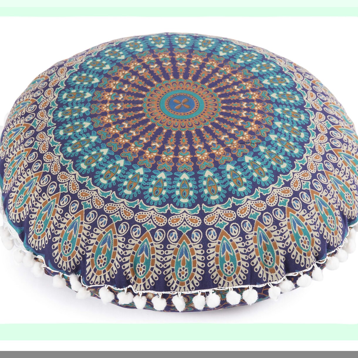 Bohemian Bliss Pom Pom Floor Pillow Cover - Large Round Cushion for Yoga Decor, Soft Particles, 18" Blue Turquoise - Hippie Pouf Cover