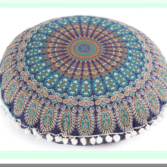 Bohemian Bliss Pom Pom Floor Pillow Cover - Large Round Cushion for Yoga Decor, Soft Particles, 18" Blue Turquoise - Hippie Pouf Cover