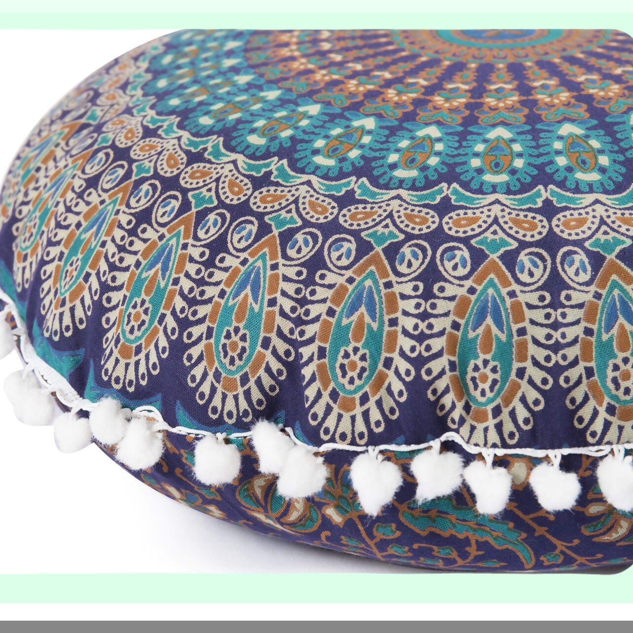 Bohemian Bliss Pom Pom Floor Pillow Cover - Large Round Cushion for Yoga Decor, Soft Particles, 18" Blue Turquoise - Hippie Pouf Cover