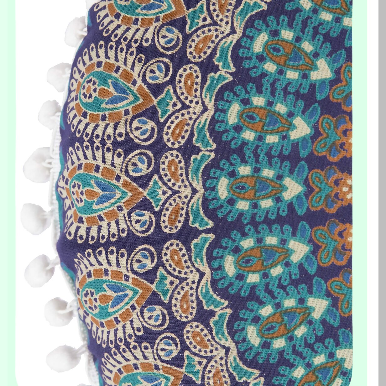 Bohemian Bliss Pom Pom Floor Pillow Cover - Large Round Cushion for Yoga Decor, Soft Particles, 18" Blue Turquoise - Hippie Pouf Cover