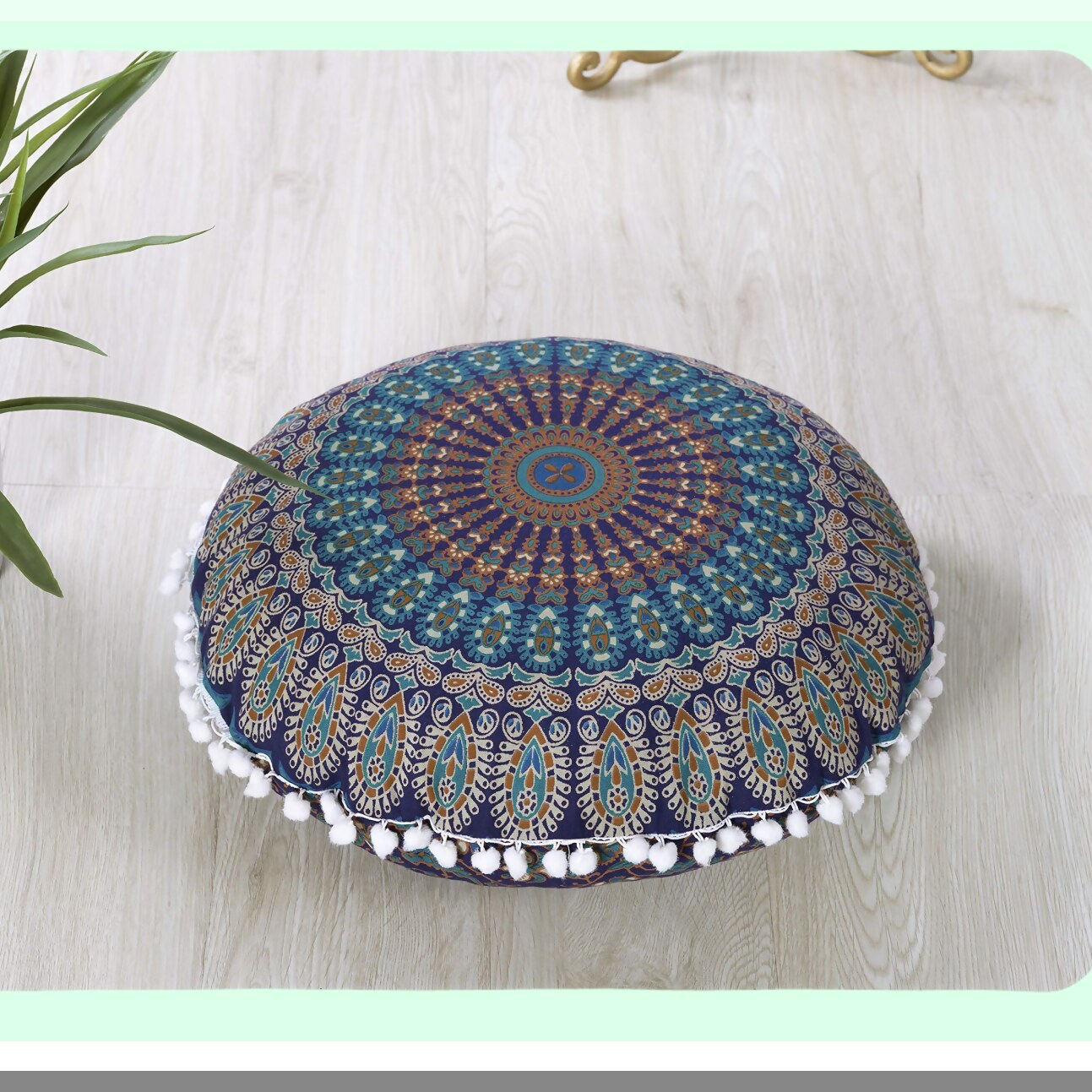 Bohemian Bliss Pom Pom Floor Pillow Cover - Large Round Cushion for Yoga Decor, Soft Particles, 18" Blue Turquoise - Hippie Pouf Cover