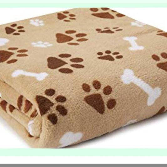 PuppyPaws Ultra-Soft Cozy Fleece Throw Blanket - 50x60 Tan with Brown and White Paw & Bone Design