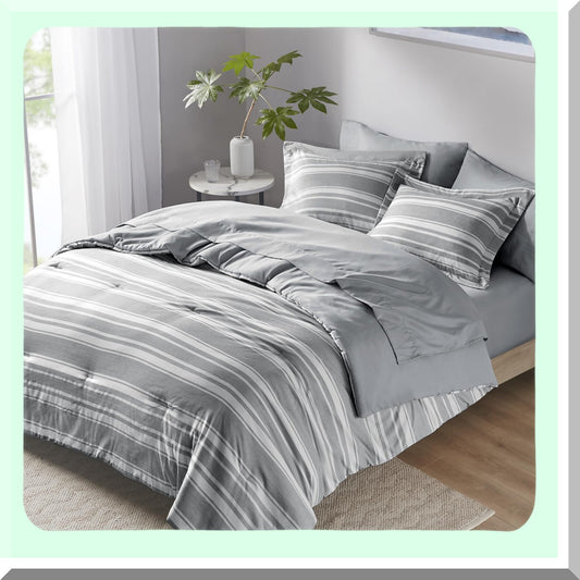 Masculine Stripe Comforter Set - 7 Piece Bed in a Bag Complete Set with Reversible Design for Men. Includes Sheets, Pillowcases, Shams. Grey & White