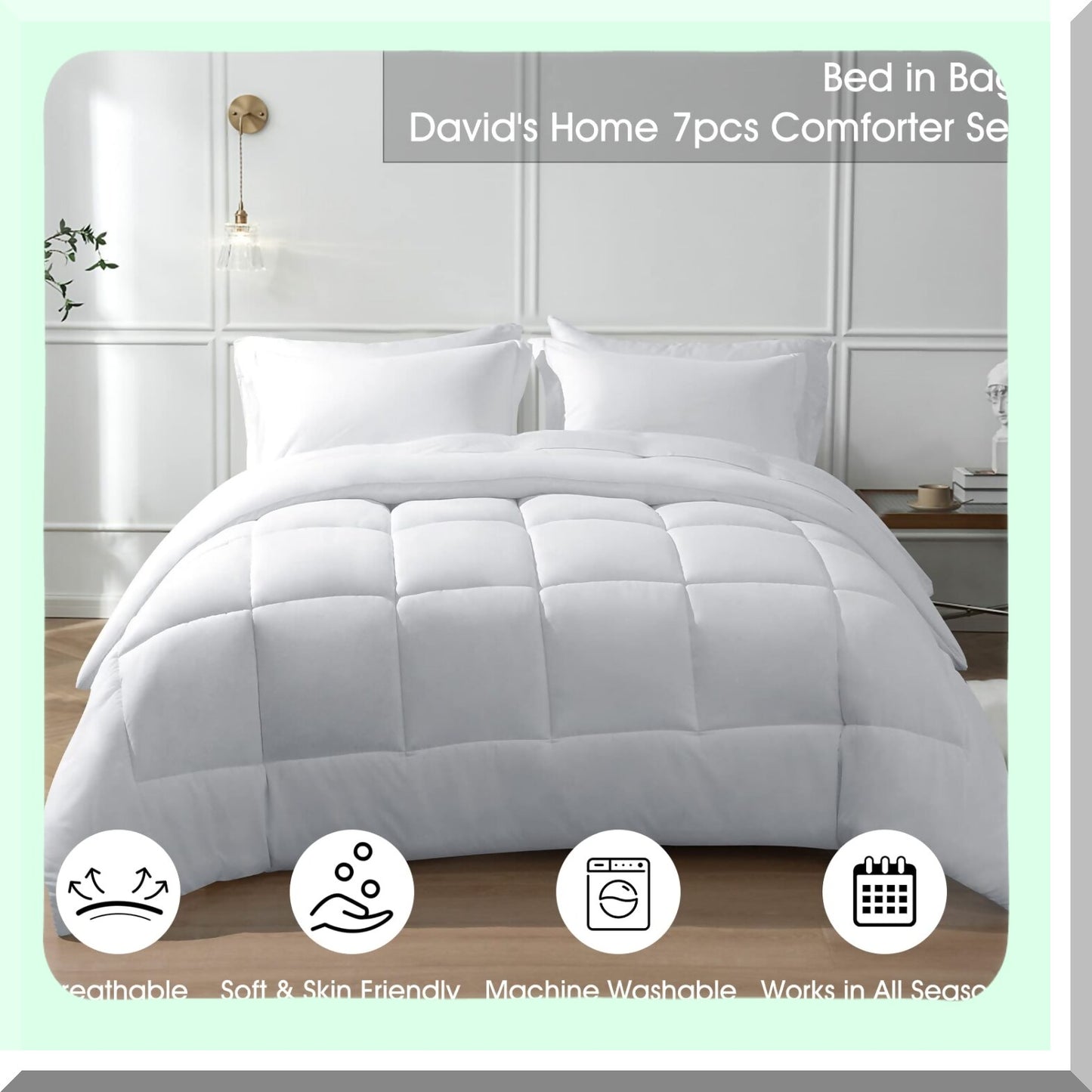 UltraSoft California Comforter Set - 7 Piece Bedding Bundle with Down Alternative Comforter, Pillow Shams, Sheets, and Pillowcase for Ultimate Comfort in White