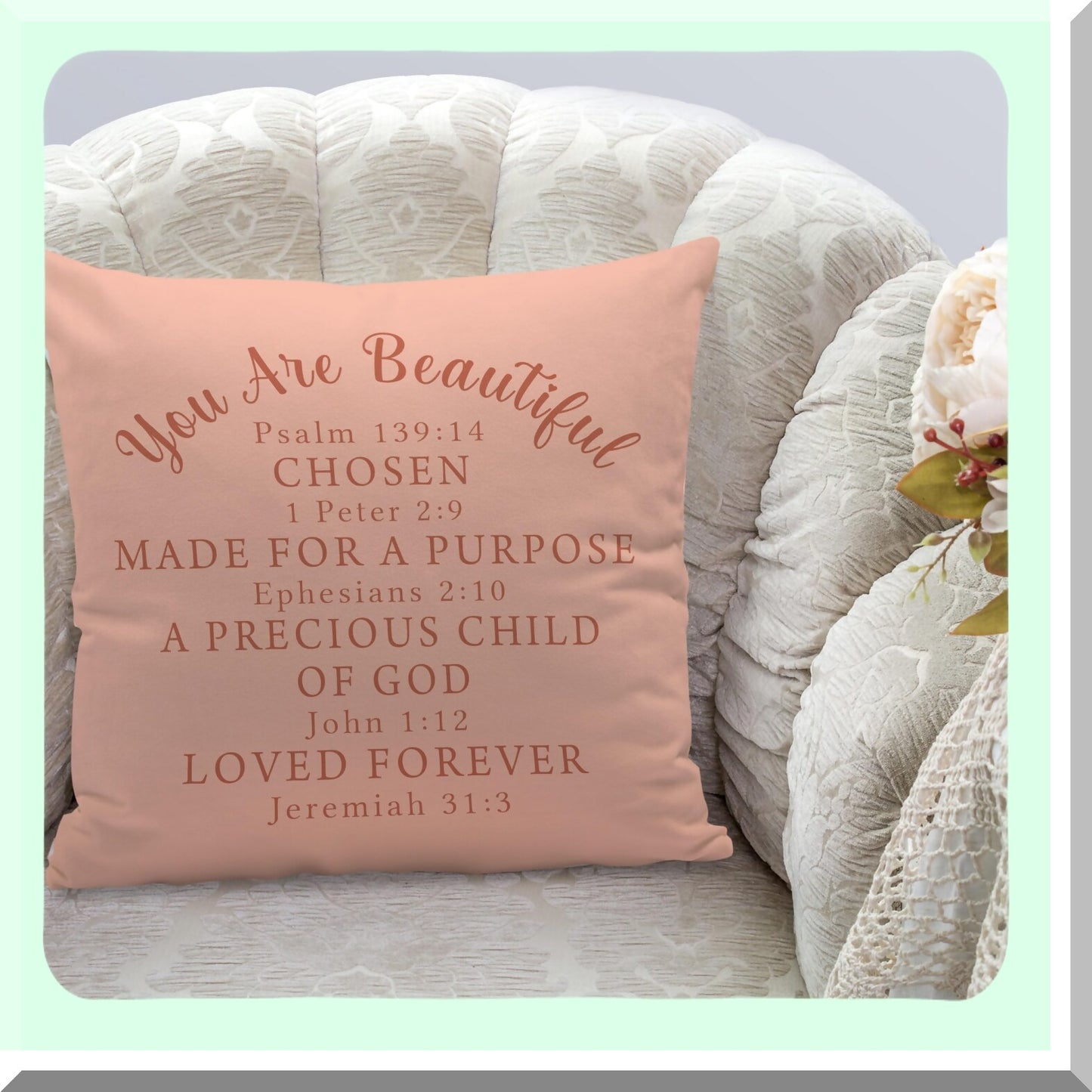 Beautiful Faith Affirmations Blush Pink Throw Pillow Cover - Christian Bible Scripture Decor for Home & Bedroom - Inspirational Gifts for Women & Girls - Reversible 18x18 Inches