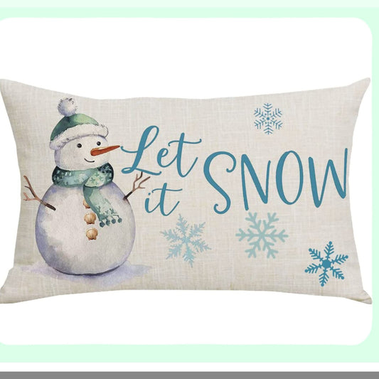 Snowflake Winter Wonderland Decorative Pillow Cover - Let It Snow Quote Lumbar Pillowcase for Home Sofa Chair Bed Decoration - White Snowman Theme Cotton Linen Throw Pillow Case 12 x 20 Inches