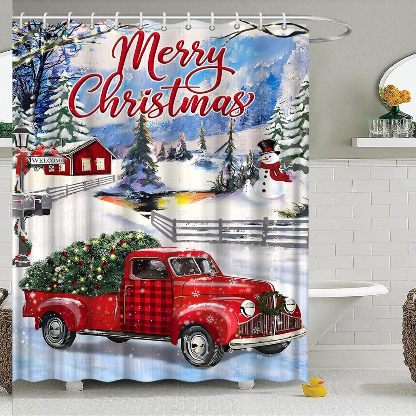 Merry Red Vintage Truck Xmas Snowman Shower Curtain