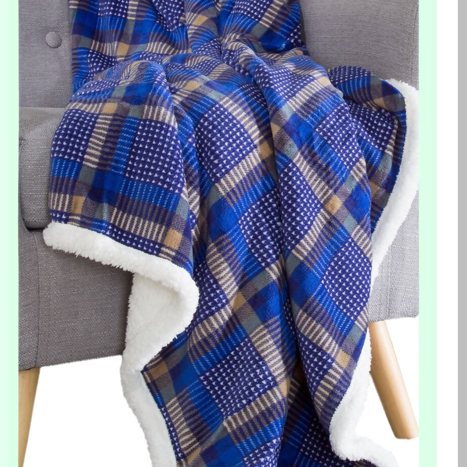 CozyPlaid Sherpa Fleece Blanket - Blue & Yellow Warmth