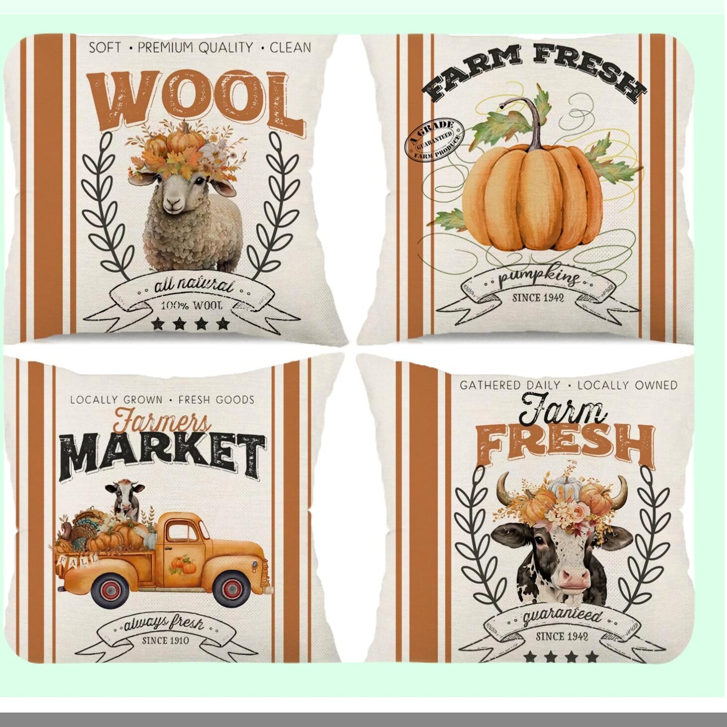Autumn Harvest Farmhouse Pillow Covers - Set of 4 Retro Stripes Farmer's Market Truck Turkey Cow Sheep Pumpkin Floral Decorative Cushion Case
