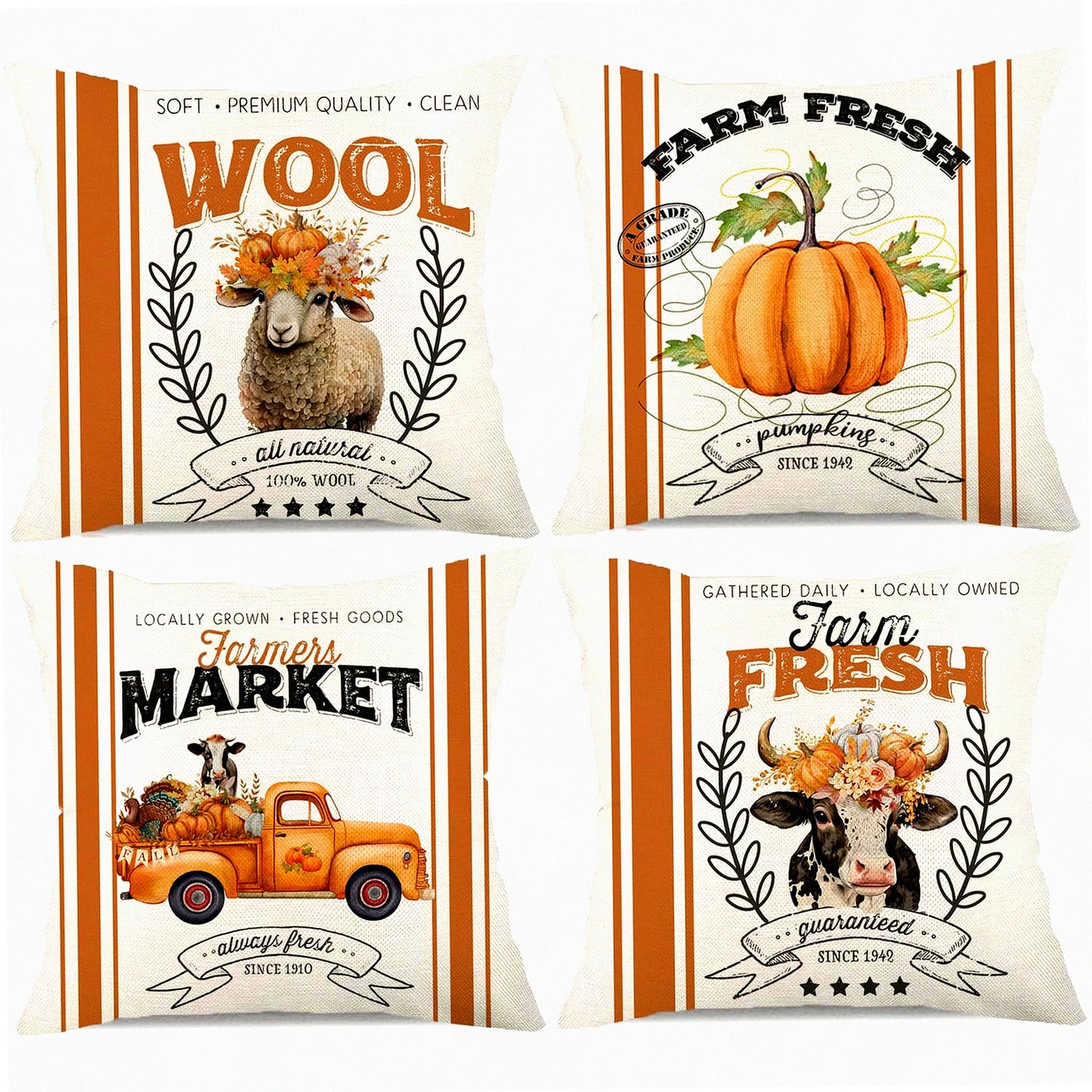 Autumn Harvest Farmhouse Pillow Covers - Set of 4 Retro Stripes Farmer's Market Truck Turkey Cow Sheep Pumpkin Floral Decorative Cushion Case
