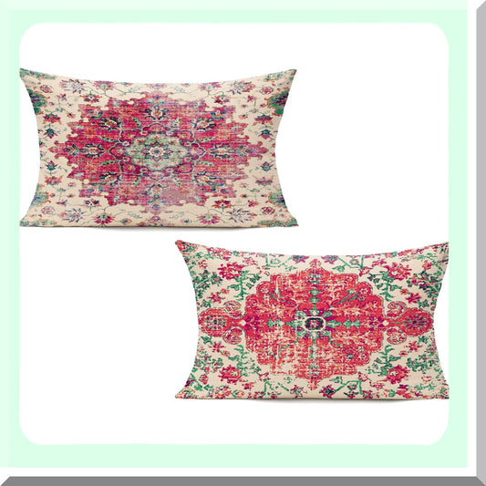 Boho Farmhouse Lumbar Pillow Covers Set - Vintage Rust Coral Cushion Covers for Couch & Outdoor Decor - Red Pink Throw Pillows for Living Room