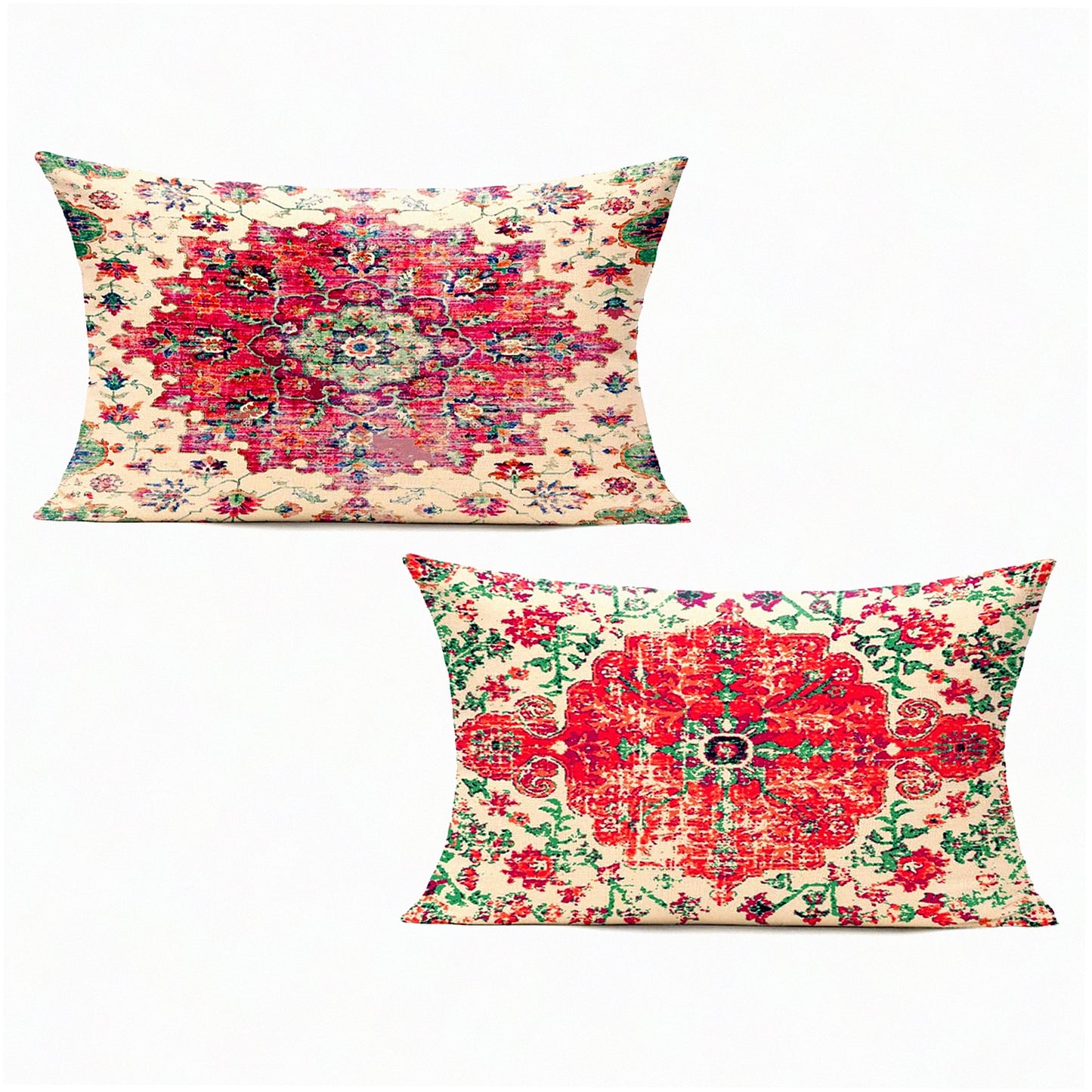 Boho Farmhouse Lumbar Pillow Covers Set - Vintage Rust Coral Cushion Covers for Couch & Outdoor Decor - Red Pink Throw Pillows for Living Room