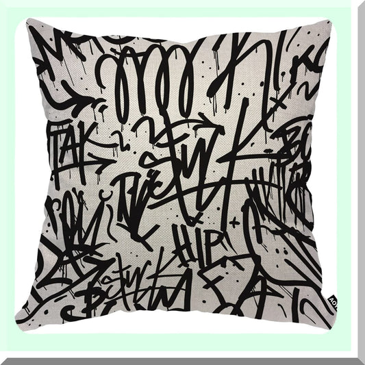 Ink Doodle Monochrome Pillow Cover - Creative Graffiti Line Art 18x18 Inch Decorative Cushion Case for Home Couch Bed - Cotton Linen Square