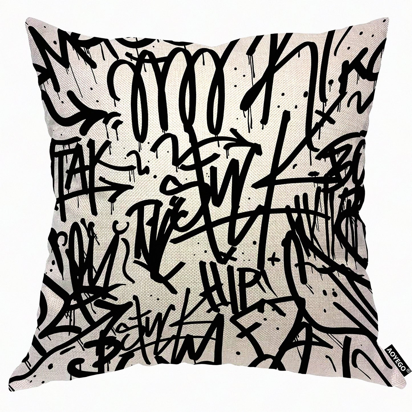 Ink Doodle Monochrome Pillow Cover - Creative Graffiti Line Art 18x18 Inch Decorative Cushion Case for Home Couch Bed - Cotton Linen Square