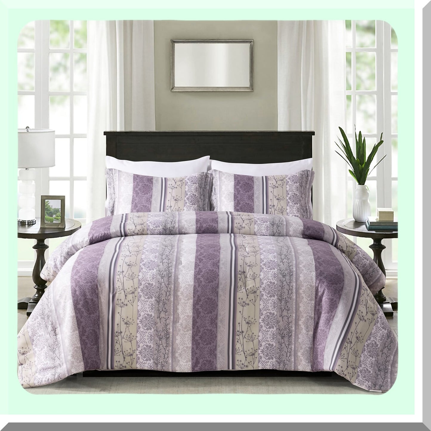 Luxury Floral Microfiber Comforter Set - 7 Piece Queen Bedding, Lightweight Poly Fill, Soft Brushed Fabric, Purple Grey Print, Reversible Light Grey