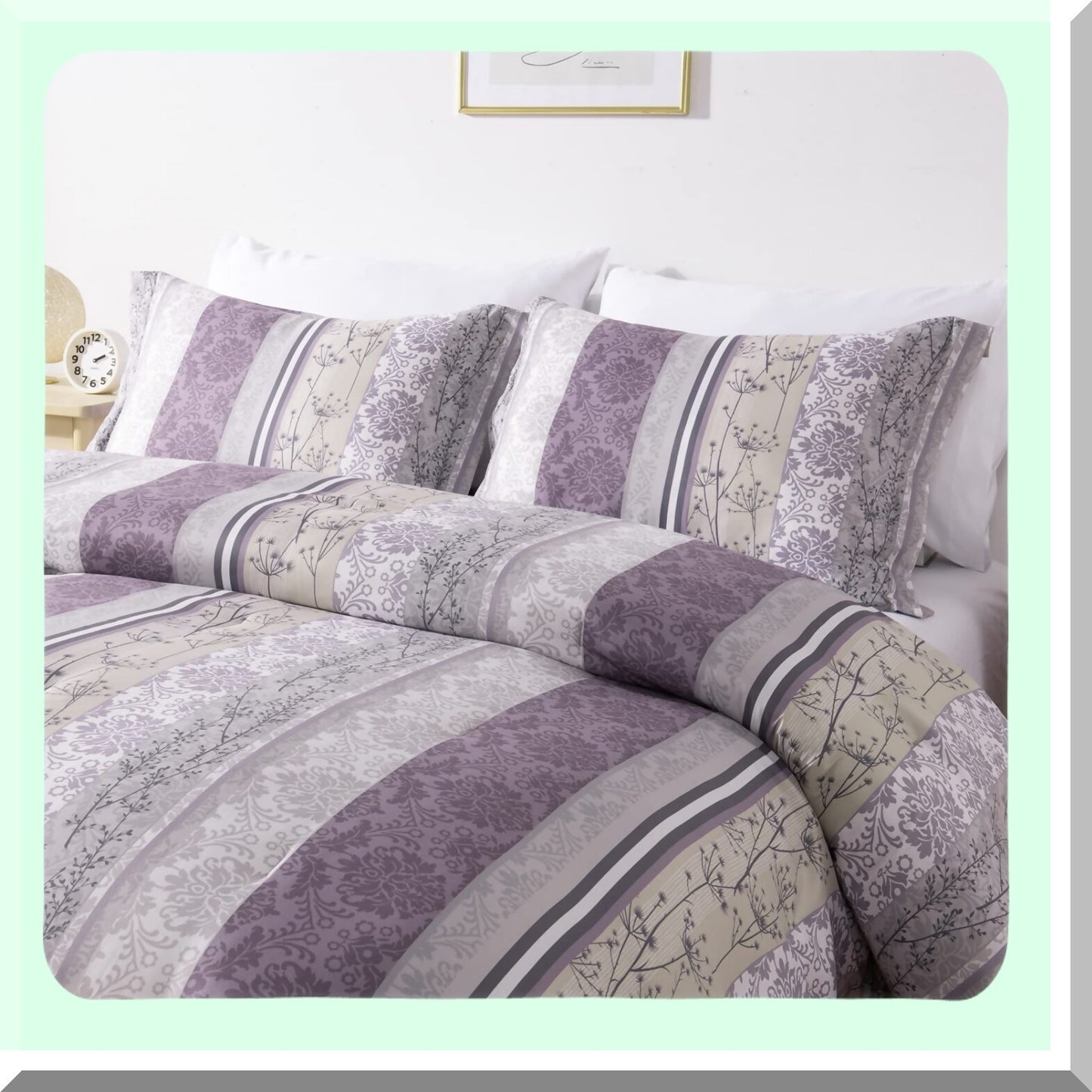 Luxury Floral Microfiber Comforter Set - 7 Piece Queen Bedding, Lightweight Poly Fill, Soft Brushed Fabric, Purple Grey Print, Reversible Light Grey