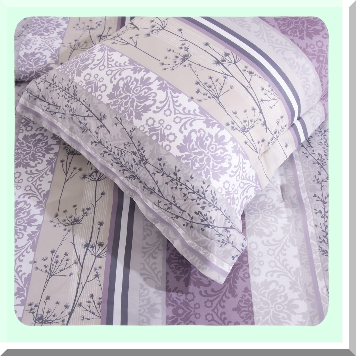 Luxury Floral Microfiber Comforter Set - 7 Piece Queen Bedding, Lightweight Poly Fill, Soft Brushed Fabric, Purple Grey Print, Reversible Light Grey