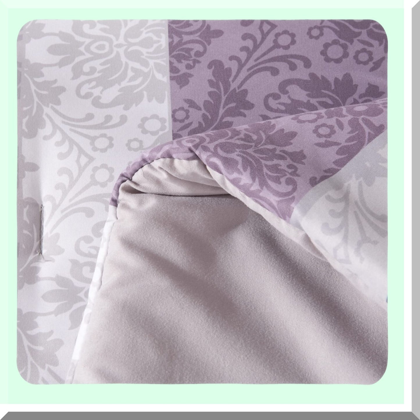 Luxury Floral Microfiber Comforter Set - 7 Piece Queen Bedding, Lightweight Poly Fill, Soft Brushed Fabric, Purple Grey Print, Reversible Light Grey