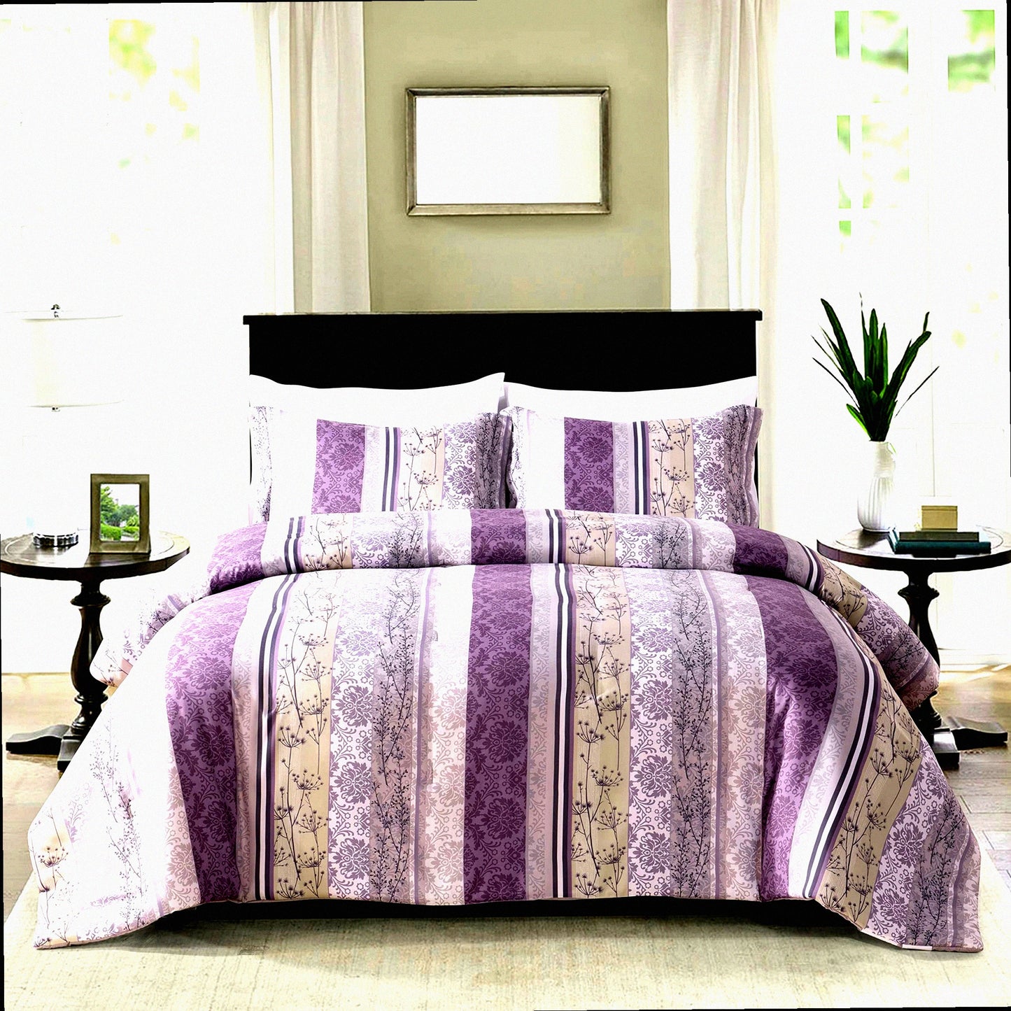 Luxury Floral Microfiber Comforter Set - 7 Piece Queen Bedding, Lightweight Poly Fill, Soft Brushed Fabric, Purple Grey Print, Reversible Light Grey