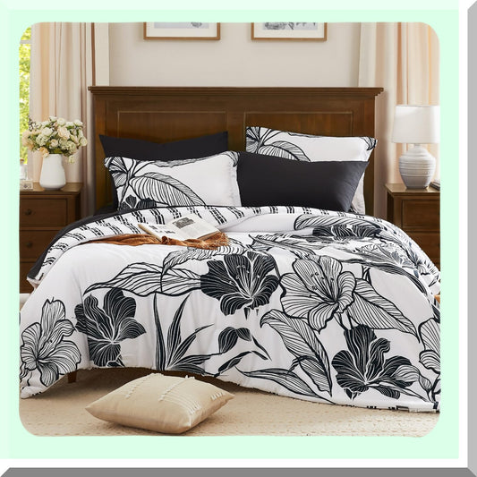 Floral Bliss Queen Bedding Set - 7 Piece Black & White Comforter Set with Sheets for Queen Size Bed. Soft, Lightweight & Breathable Bed in a Bag for All Seasons.