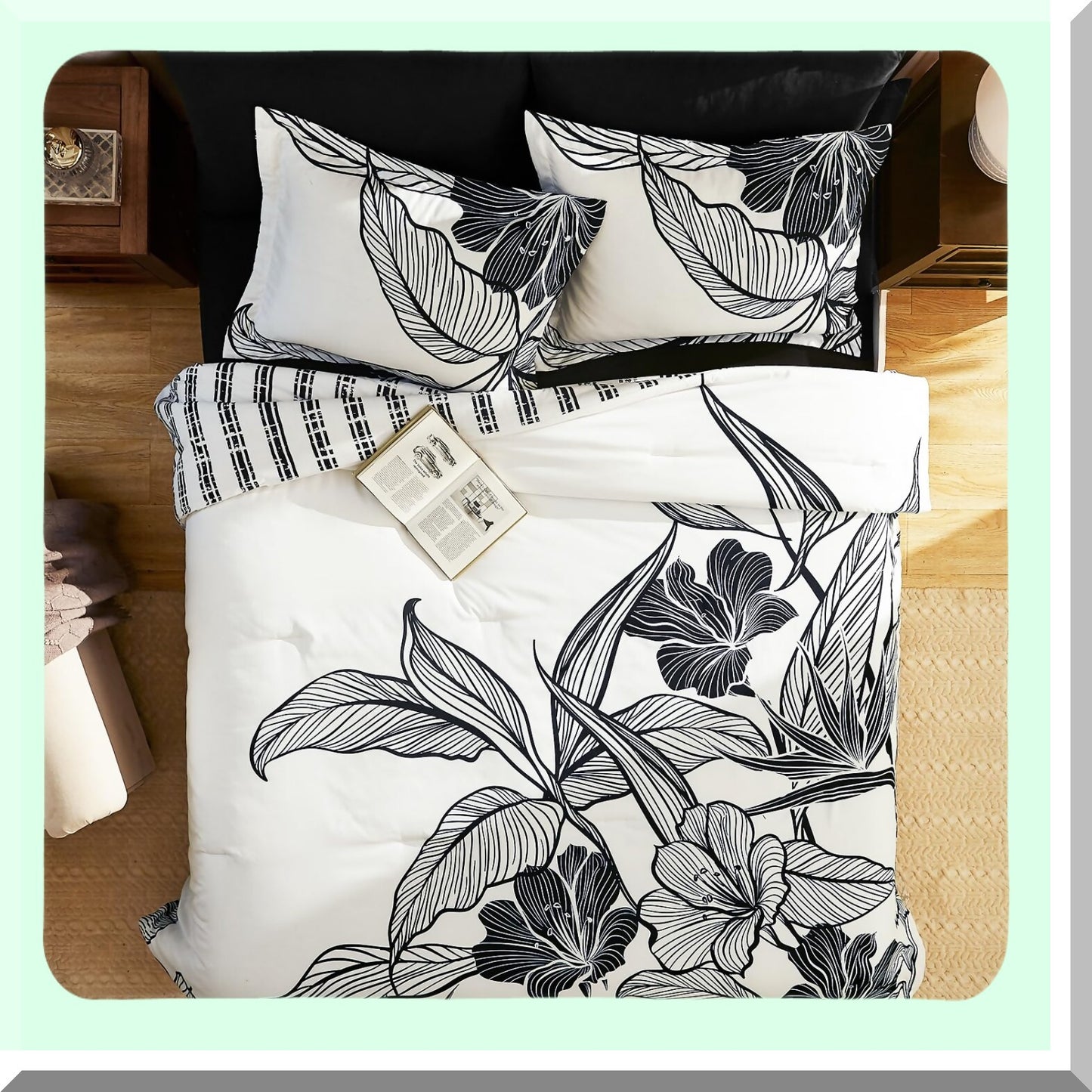 Floral Bliss Queen Bedding Set - 7 Piece Black & White Comforter Set with Sheets for Queen Size Bed. Soft, Lightweight & Breathable Bed in a Bag for All Seasons.