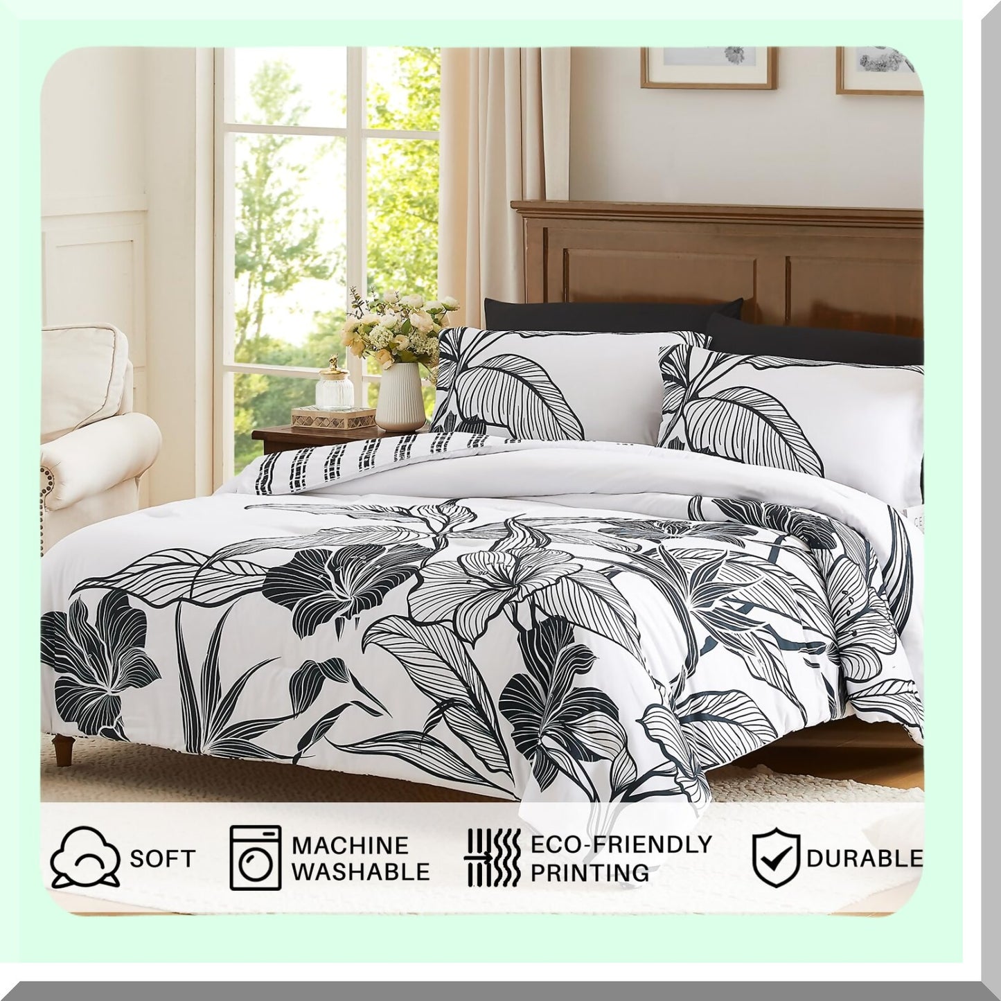 Floral Bliss Queen Bedding Set - 7 Piece Black & White Comforter Set with Sheets for Queen Size Bed. Soft, Lightweight & Breathable Bed in a Bag for All Seasons.