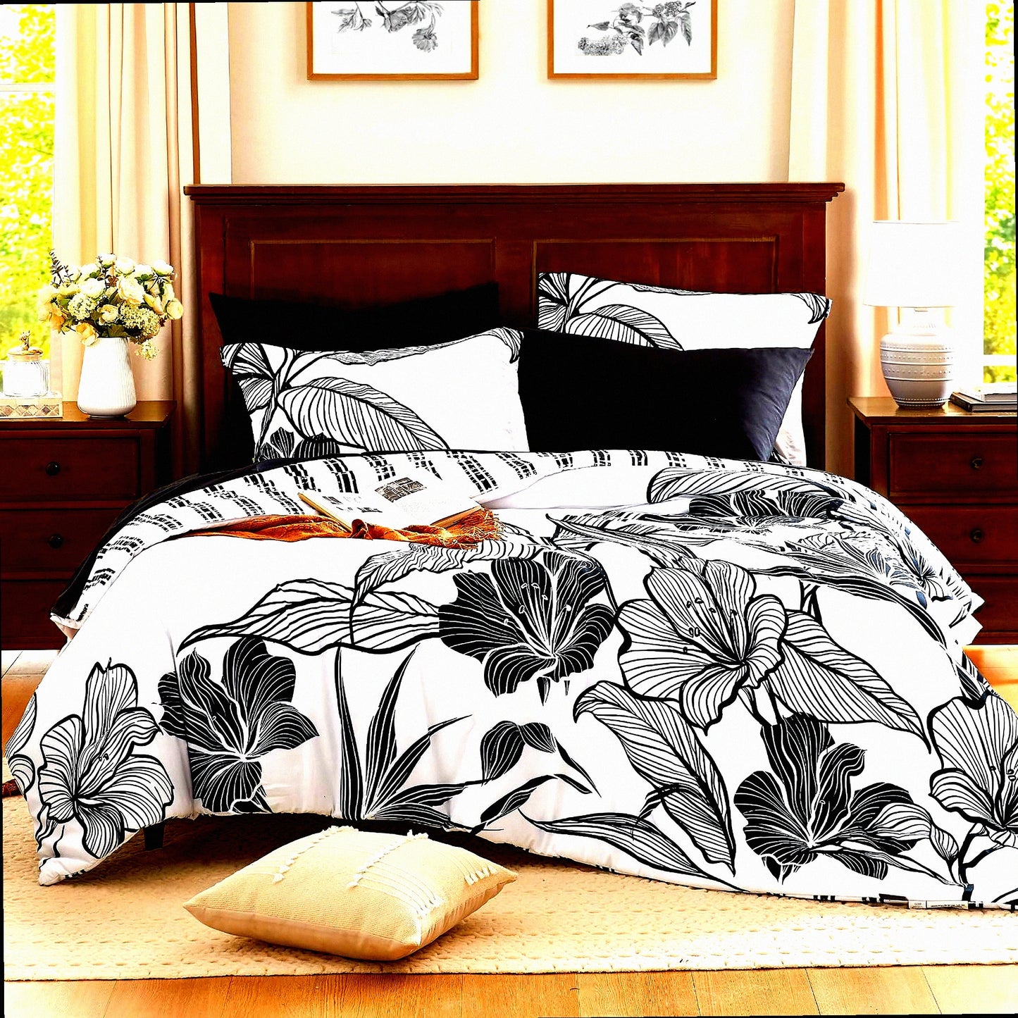 Floral Bliss Queen Bedding Set - 7 Piece Black & White Comforter Set with Sheets for Queen Size Bed. Soft, Lightweight & Breathable Bed in a Bag for All Seasons.