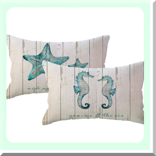 Ocean Breeze Lumbar Pillow Covers - Coastal Decorative Rectangular Pillowcases with Starfish and Quotes - Beach House Decor Cushion Covers Set of 2