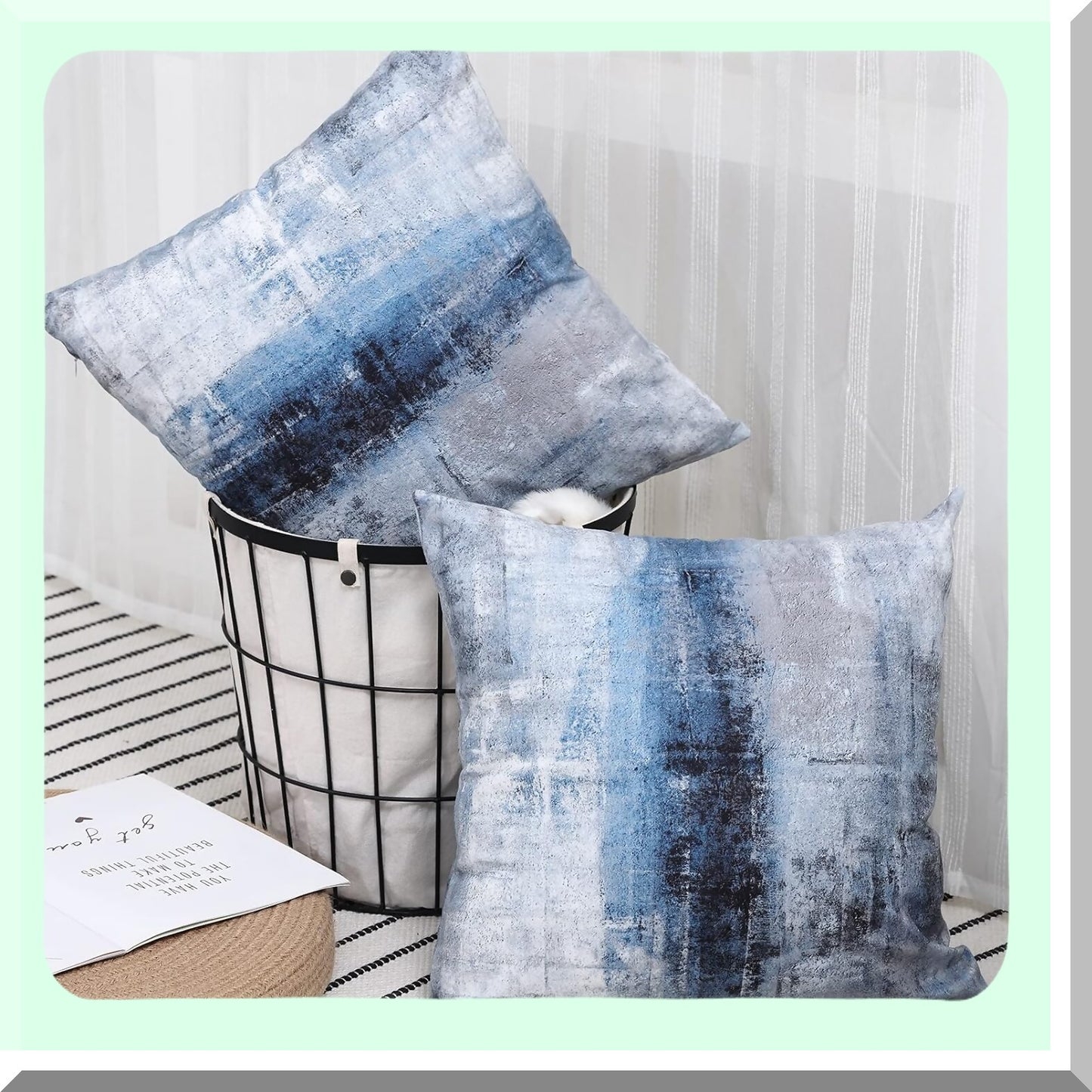 Abstract Blue Grey Decorative Pillow Set - Modern Gallery Artwork Cushion Cover for Bedroom Sofa Living Room - 26x26 Inch Throw Pillows