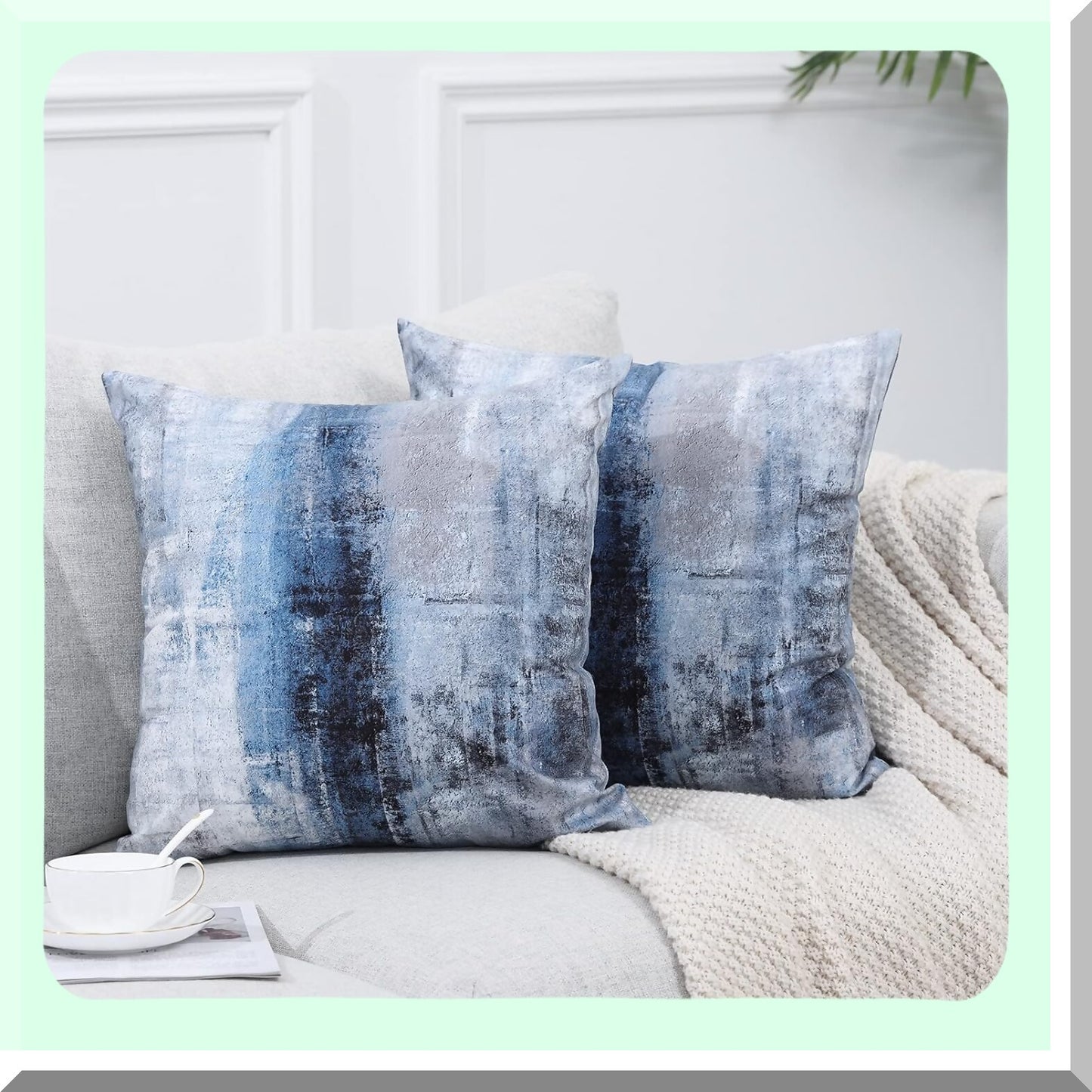 Abstract Blue Grey Decorative Pillow Set - Modern Gallery Artwork Cushion Cover for Bedroom Sofa Living Room - 26x26 Inch Throw Pillows