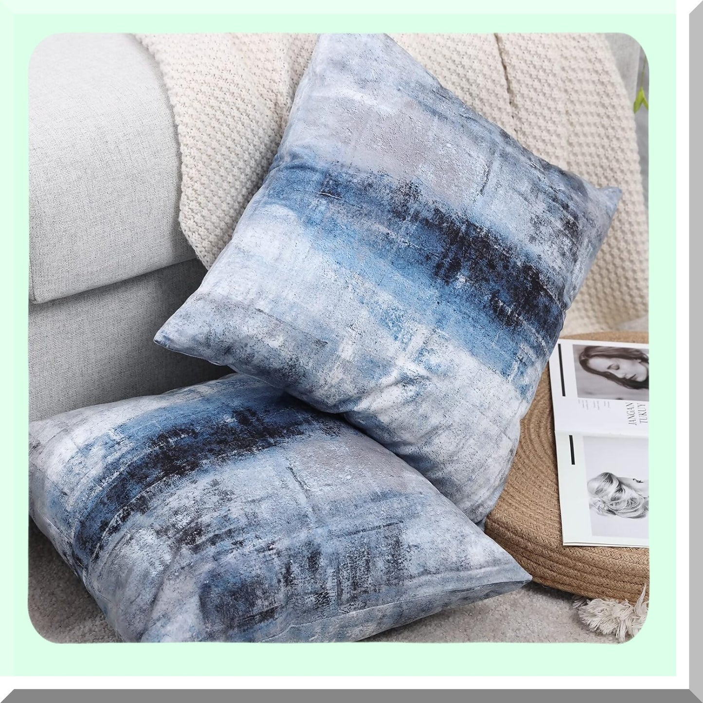 Abstract Blue Grey Decorative Pillow Set - Modern Gallery Artwork Cushion Cover for Bedroom Sofa Living Room - 26x26 Inch Throw Pillows