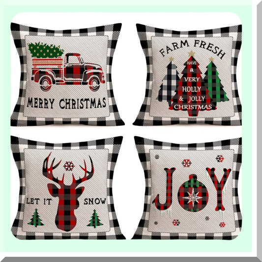 Buffalo Plaid Christmas Pillow Cover - Red Truck Xmas Tree Elk Tartan Cushion - Grey Check Plaid Sofa Car Decor - Cotton Linen 18"x18"