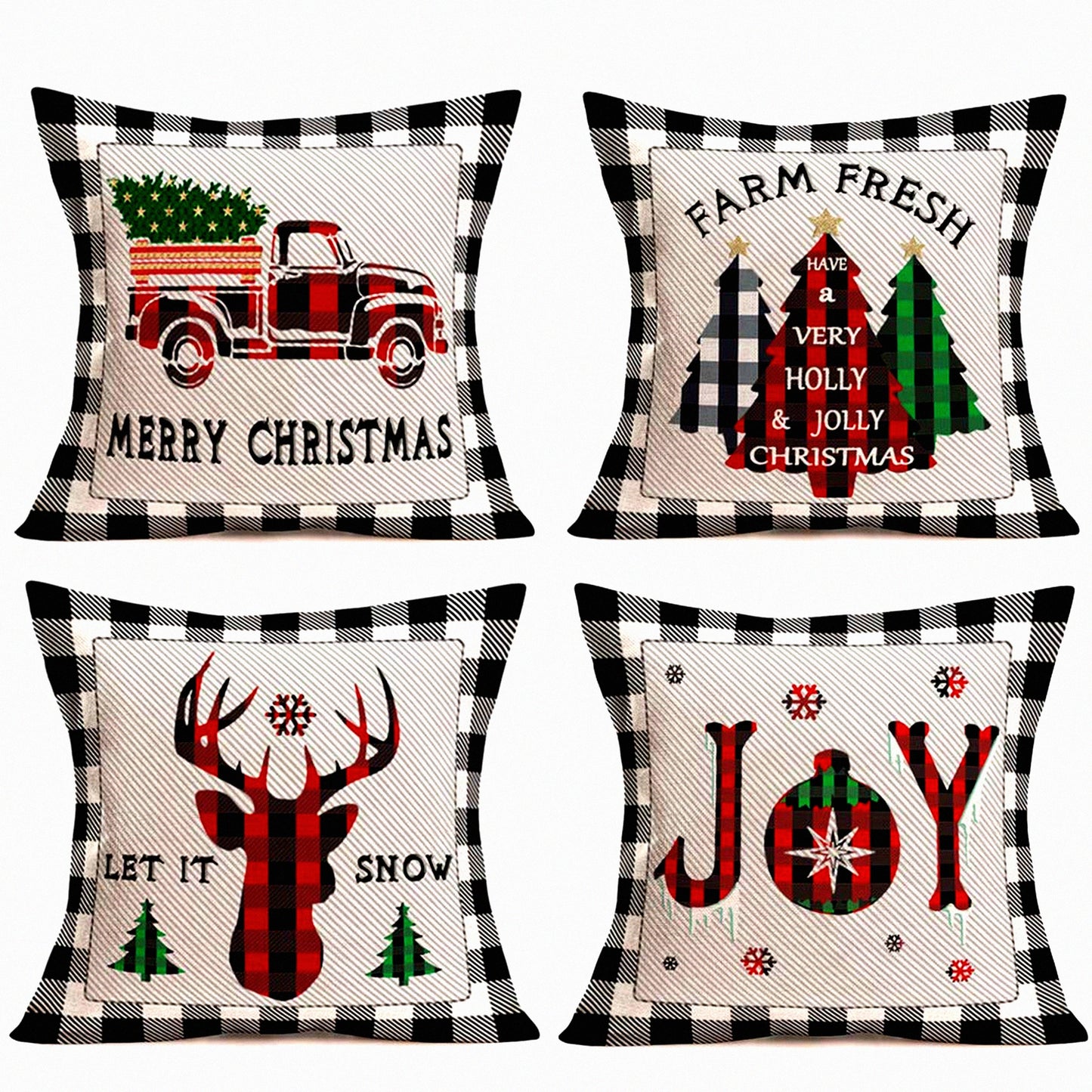 Buffalo Plaid Christmas Pillow Cover - Red Truck Xmas Tree Elk Tartan Cushion - Grey Check Plaid Sofa Car Decor - Cotton Linen 18"x18"
