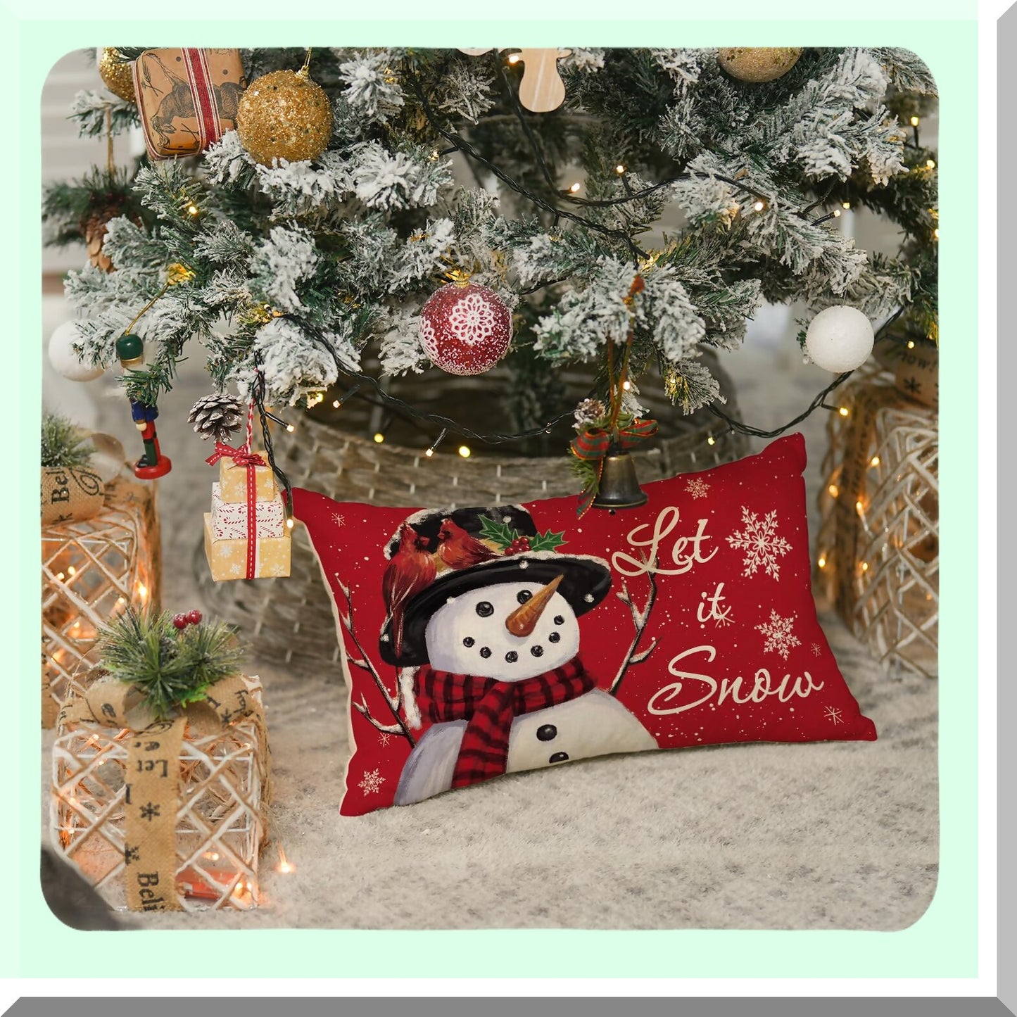 Winter Wonderland Snowman Decorative Pillow Cover - Festive Holiday Cushion Case for Sofa - 12 x 20 Inch Snowflake Decoration