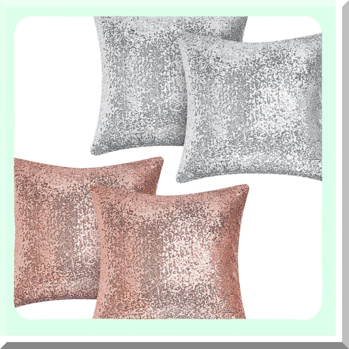 GlitterGlam Sequin & Fluff Pillowcase Set - Rose Gold & Silver 18x18 Inch Decorative Cushion Covers for Couch, Bed, Sofa - Soft & Fuzzy Sparkle Theme