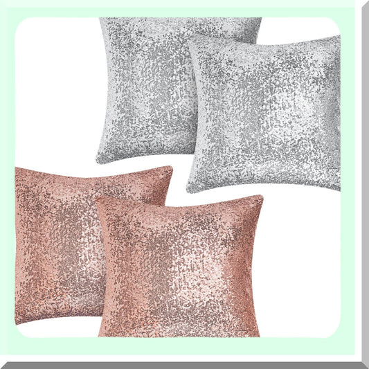 GlitterGlam Sequin & Fluff Pillowcase Set - Rose Gold & Silver 18x18 Inch Decorative Cushion Covers for Couch, Bed, Sofa - Soft & Fuzzy Sparkle Theme