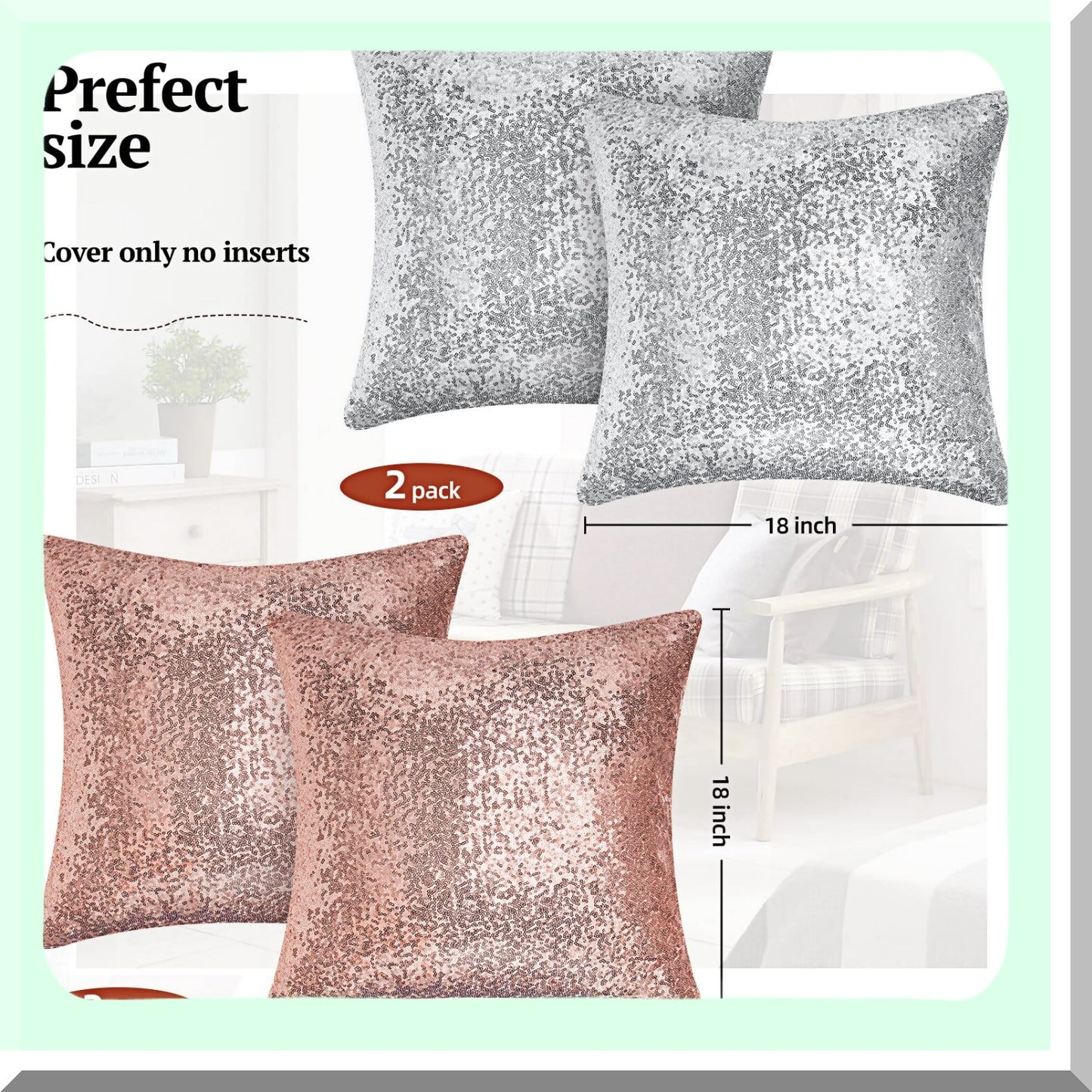 GlitterGlam Sequin & Fluff Pillowcase Set - Rose Gold & Silver 18x18 Inch Decorative Cushion Covers for Couch, Bed, Sofa - Soft & Fuzzy Sparkle Theme